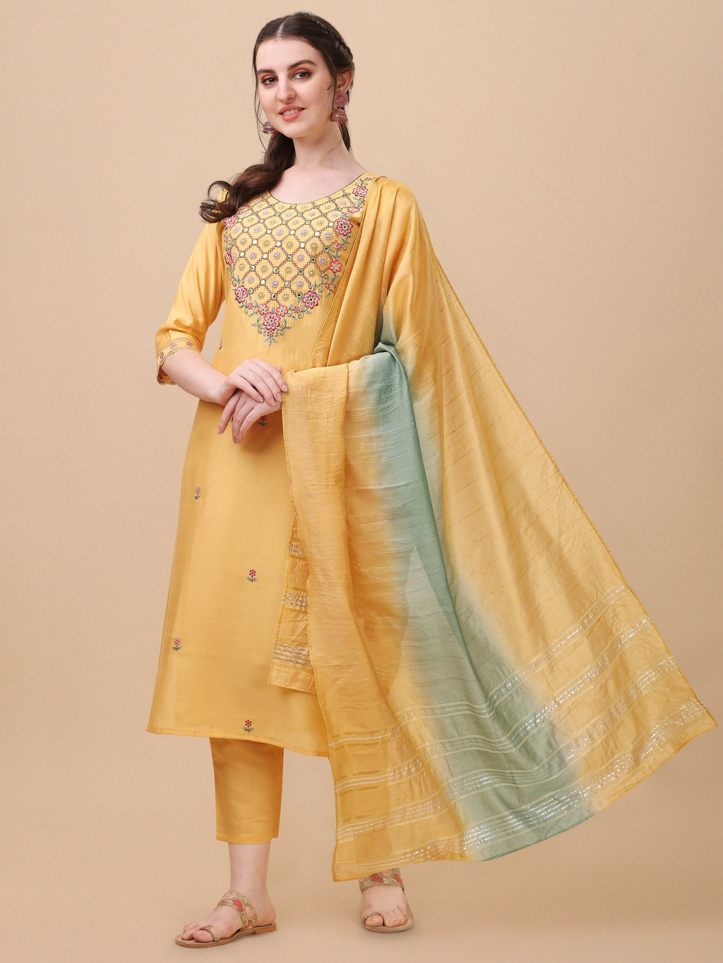 Embroidered Kurta With Pant And Dupatta Set, Multicolor - Hiral Fashion