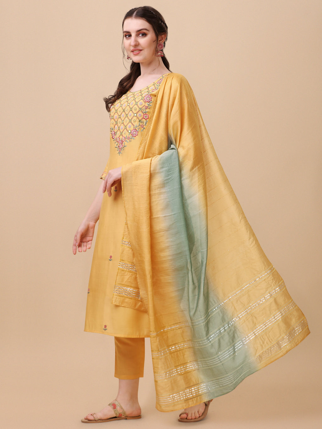 Embroidered Kurta With Pant And Dupatta Set, Multicolor - Hiral Fashion