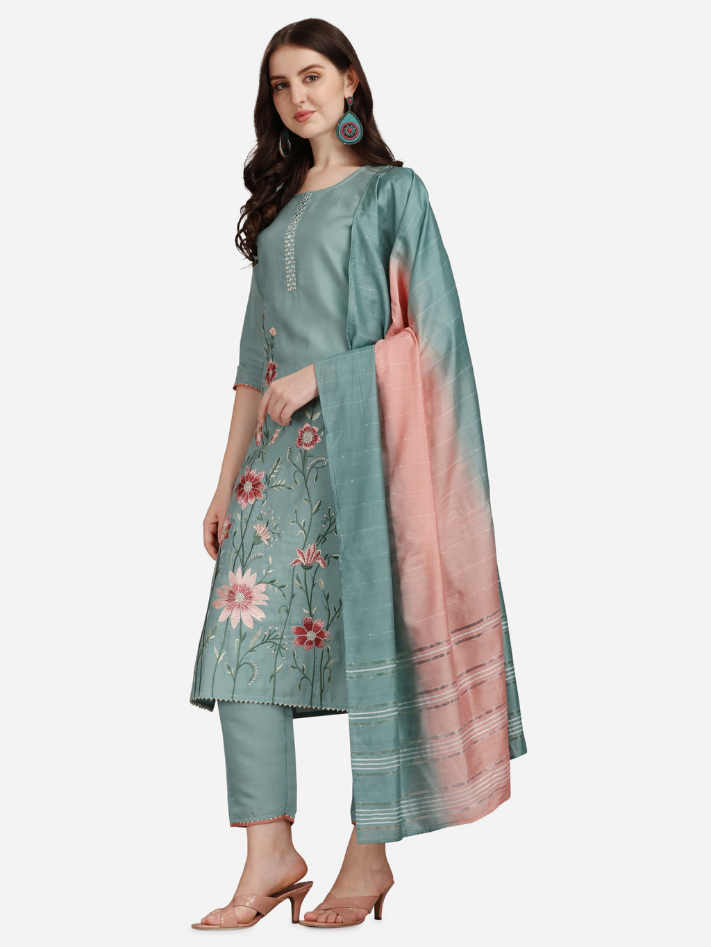 Embroidered Kurta With Pant & Dupatta Set, Multicolor - Hiral Fashion