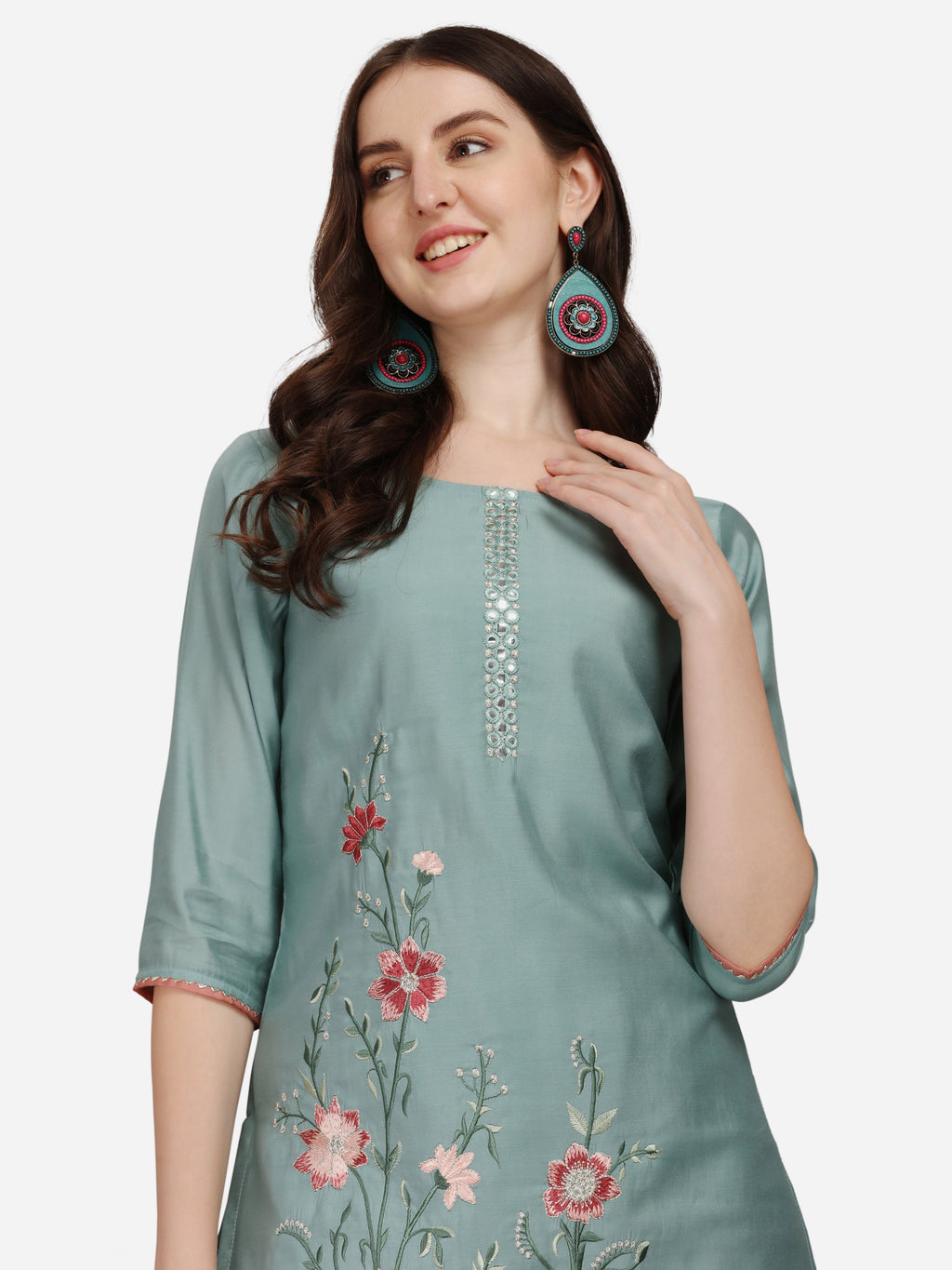 Embroidered Kurta With Pant & Dupatta Set, Multicolor - Hiral Fashion