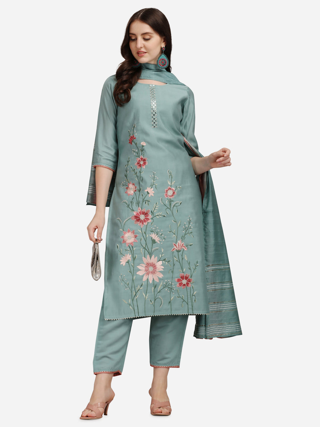 Embroidered Kurta With Pant & Dupatta Set, Multicolor - Hiral Fashion