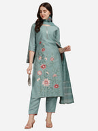 Embroidered Kurta With Pant & Dupatta Set, Multicolor - Hiral Fashion