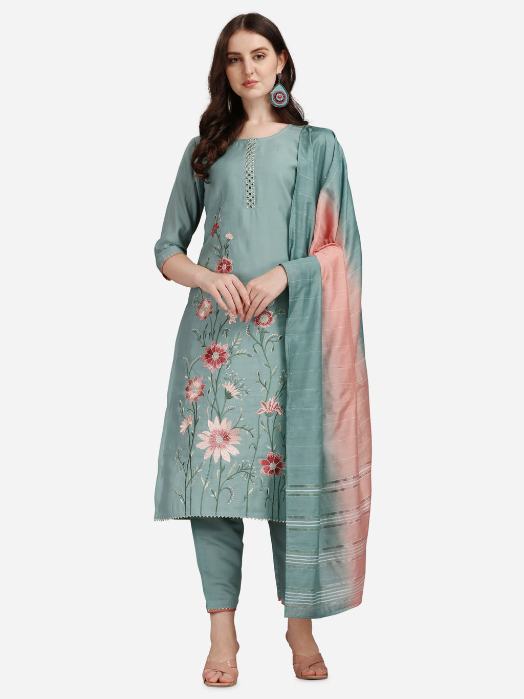 Embroidered Kurta With Pant & Dupatta Set, Multicolor - Hiral Fashion