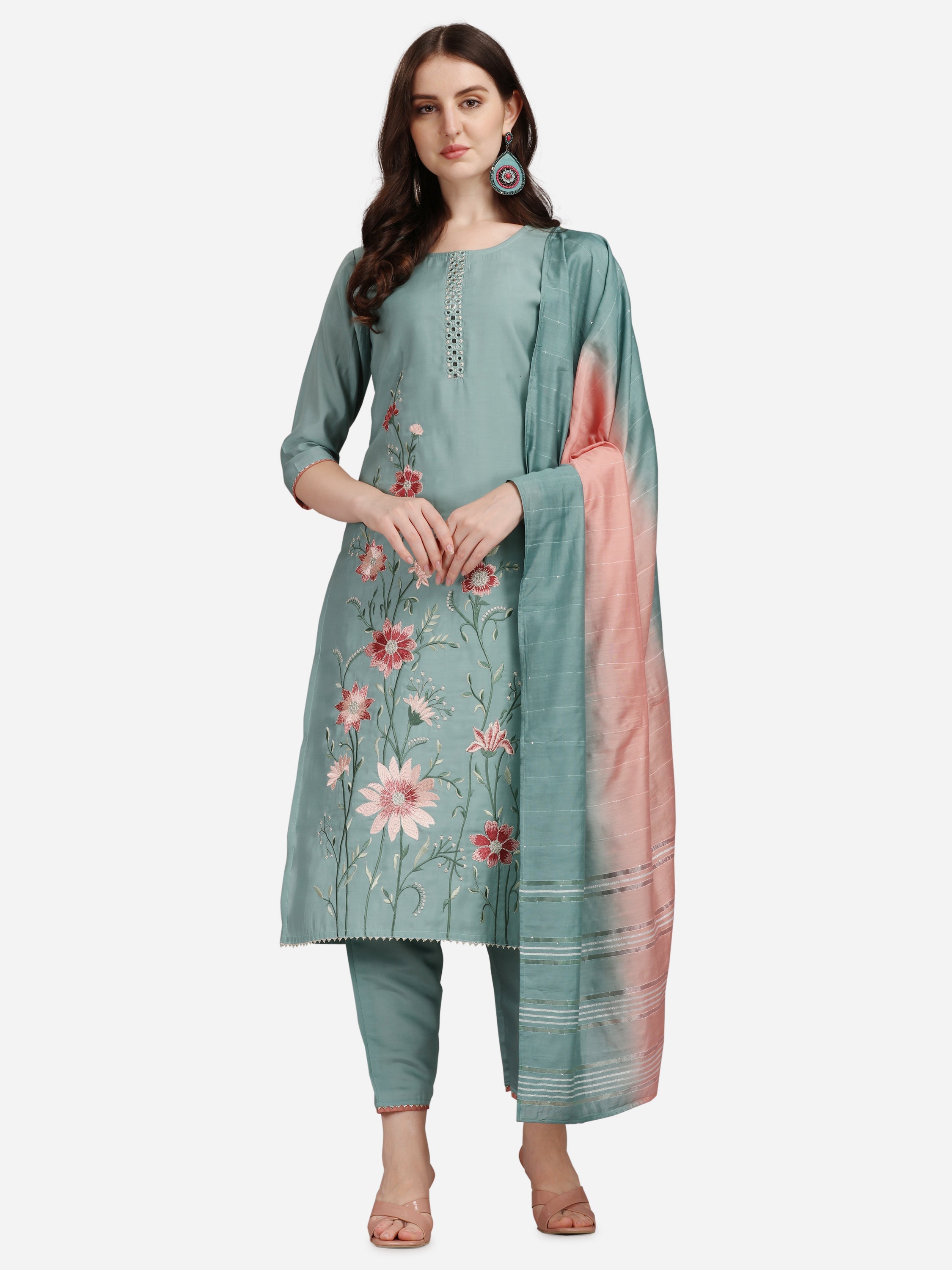 Embroidered Kurta With Pant & Dupatta Set, Multicolor - Hiral Fashion
