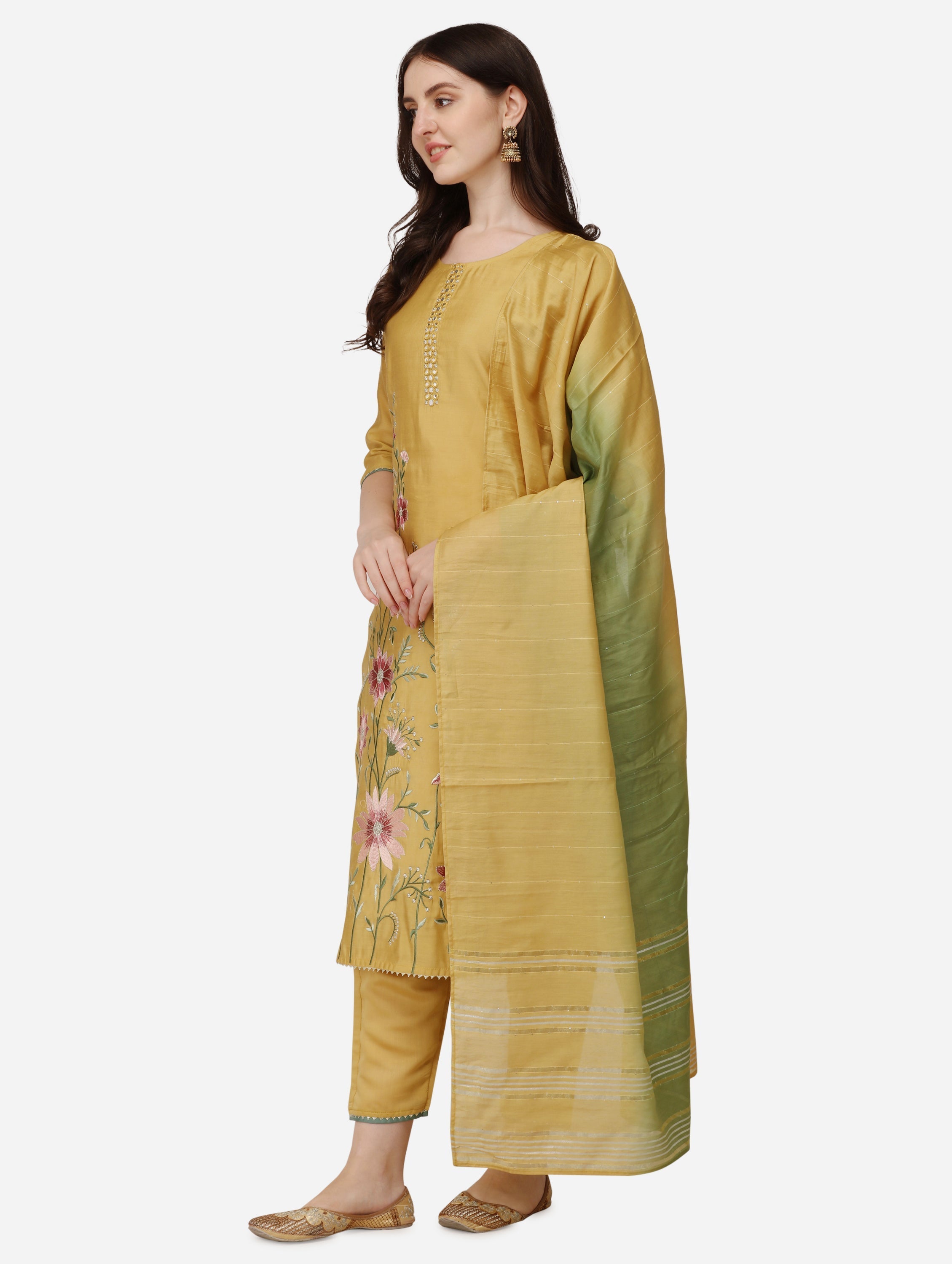 Embroidered Kurta With Pant & Dupatta Set, Multicolor - Hiral Fashion