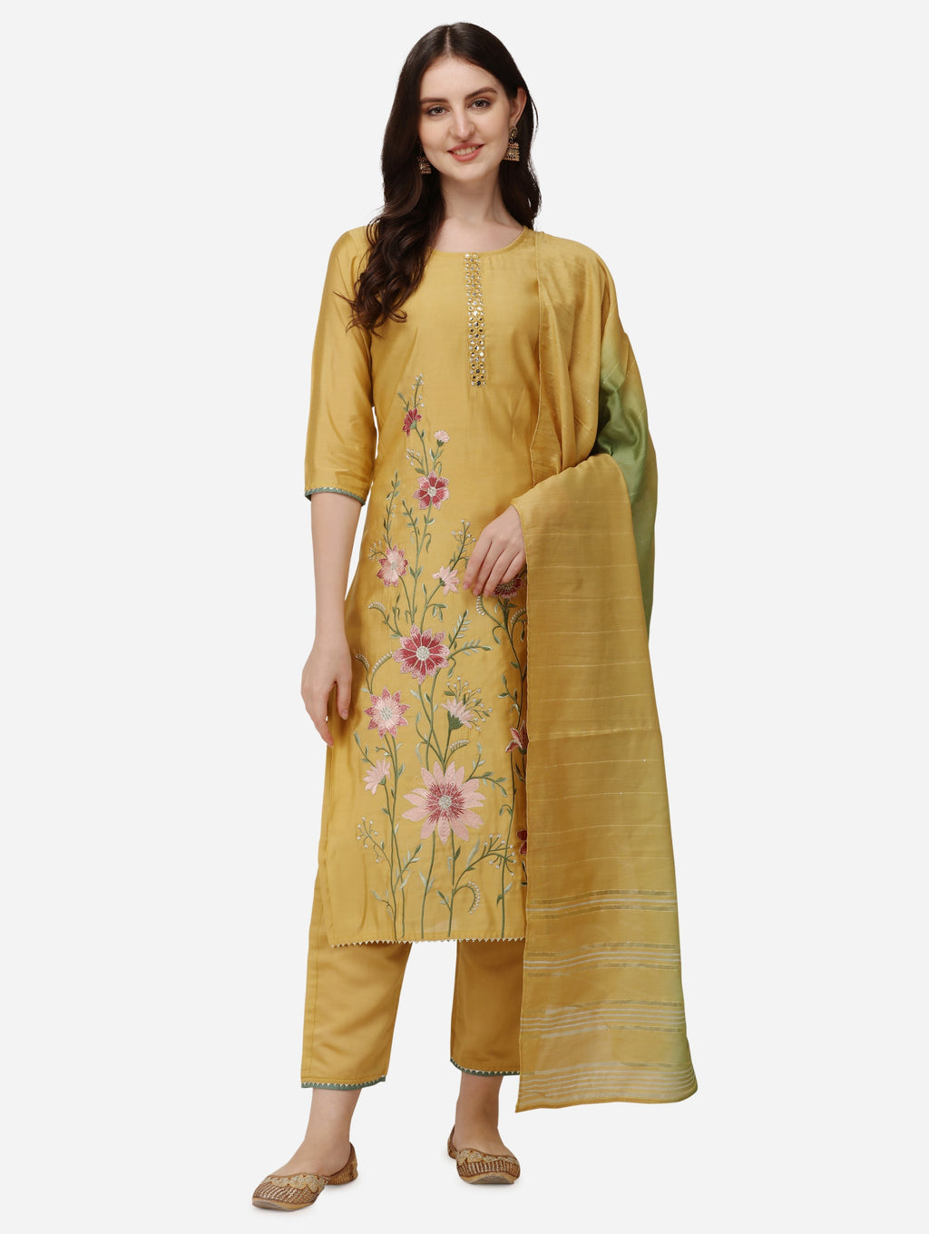 Embroidered Kurta With Pant & Dupatta Set, Multicolor - Hiral Fashion