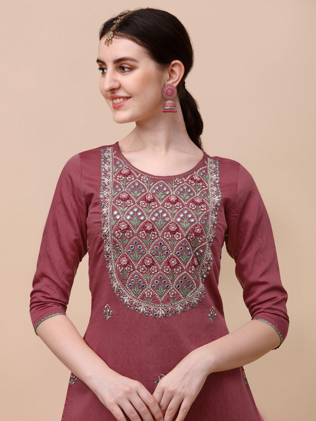 Hand Embroidered Pink Chanderi Kurta With Pant & Dupatta Set Premium, Multicolor - Hiral Fashion - Distacart