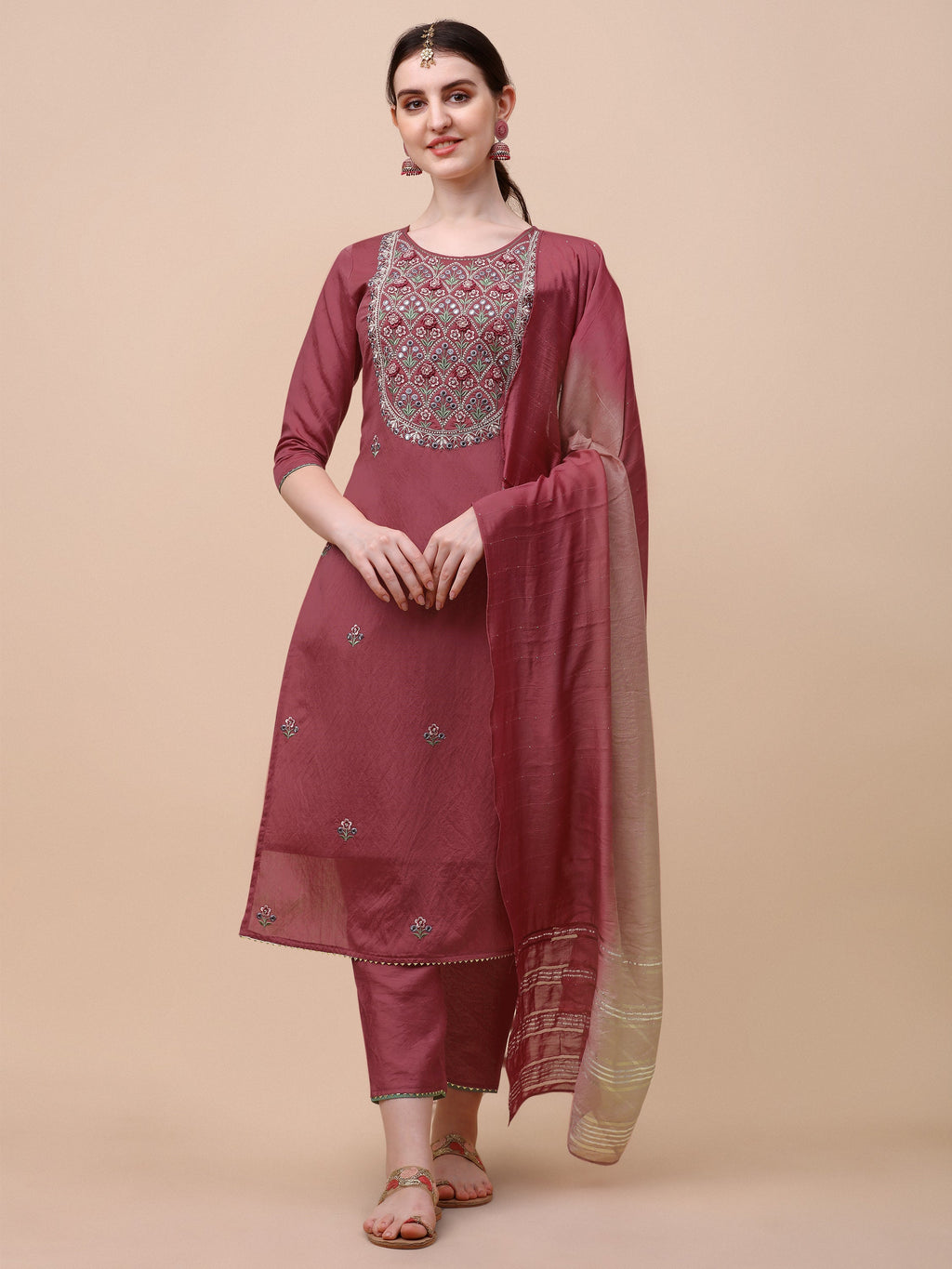 Hand Embroidered Pink Chanderi Kurta With Pant & Dupatta Set Premium, Multicolor - Hiral Fashion - Distacart