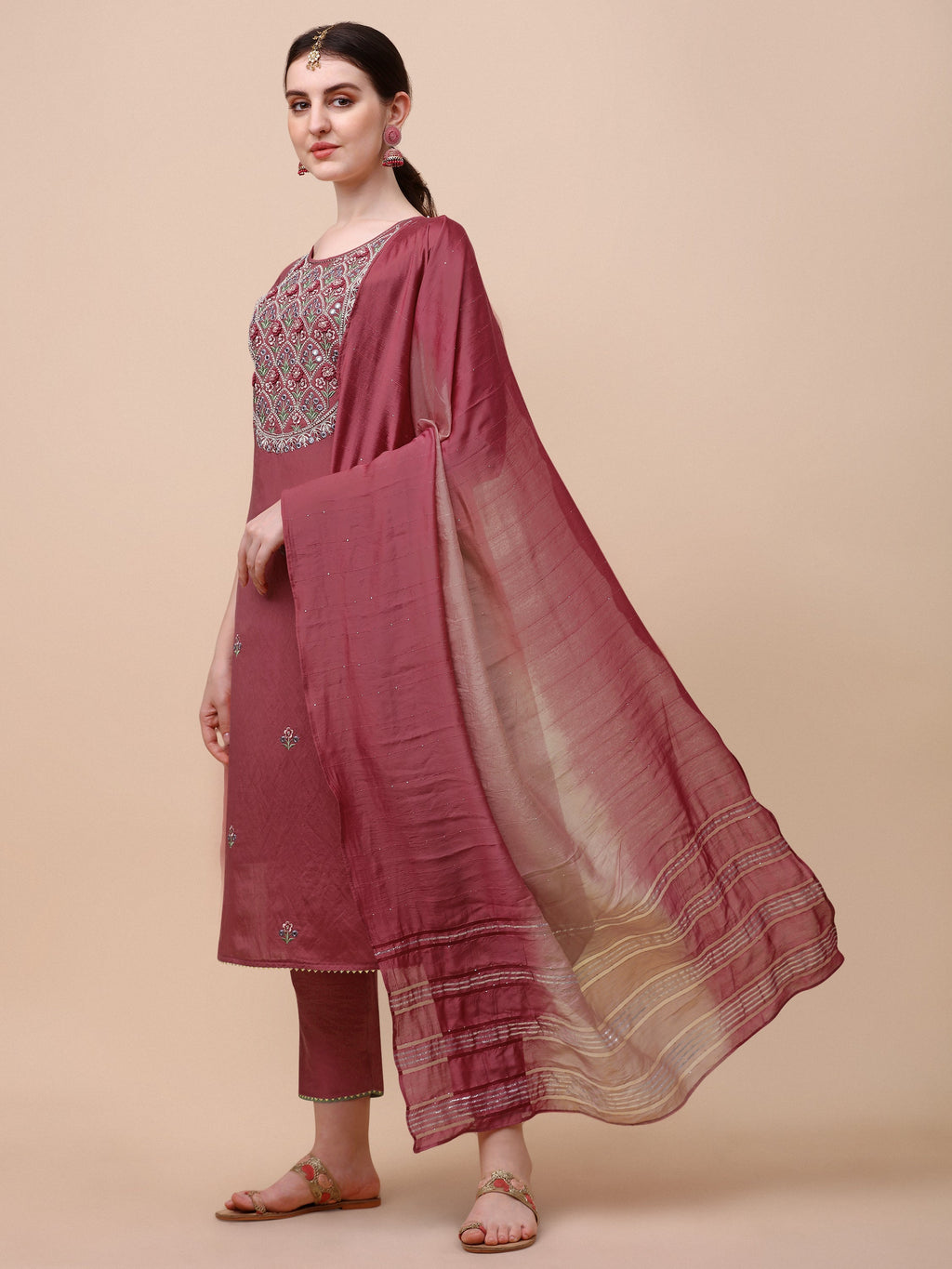 Hand Embroidered Pink Chanderi Kurta With Pant & Dupatta Set Premium, Multicolor - Hiral Fashion - Distacart