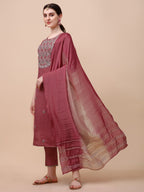 Hand Embroidered Pink Chanderi Kurta With Pant & Dupatta Set Premium, Multicolor - Hiral Fashion - Distacart