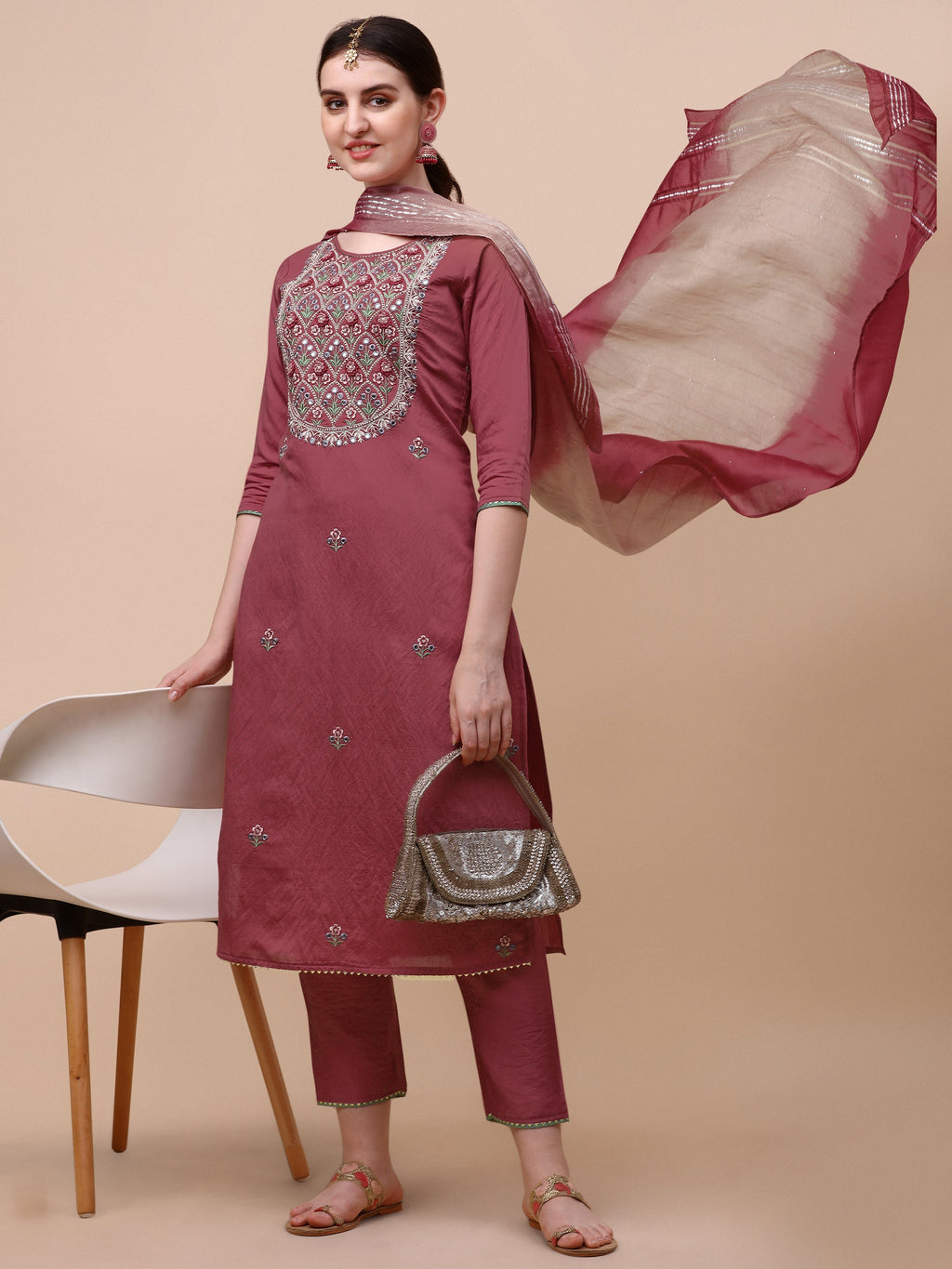 Hand Embroidered Pink Chanderi Kurta With Pant & Dupatta Set Premium, Multicolor - Hiral Fashion - Distacart