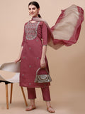 Hand Embroidered Pink Chanderi Kurta With Pant & Dupatta Set Premium, Multicolor - Hiral Fashion - Distacart