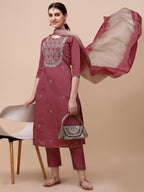 Hand Embroidered Pink Chanderi Kurta With Pant & Dupatta Set Premium, Multicolor - Hiral Fashion - Distacart