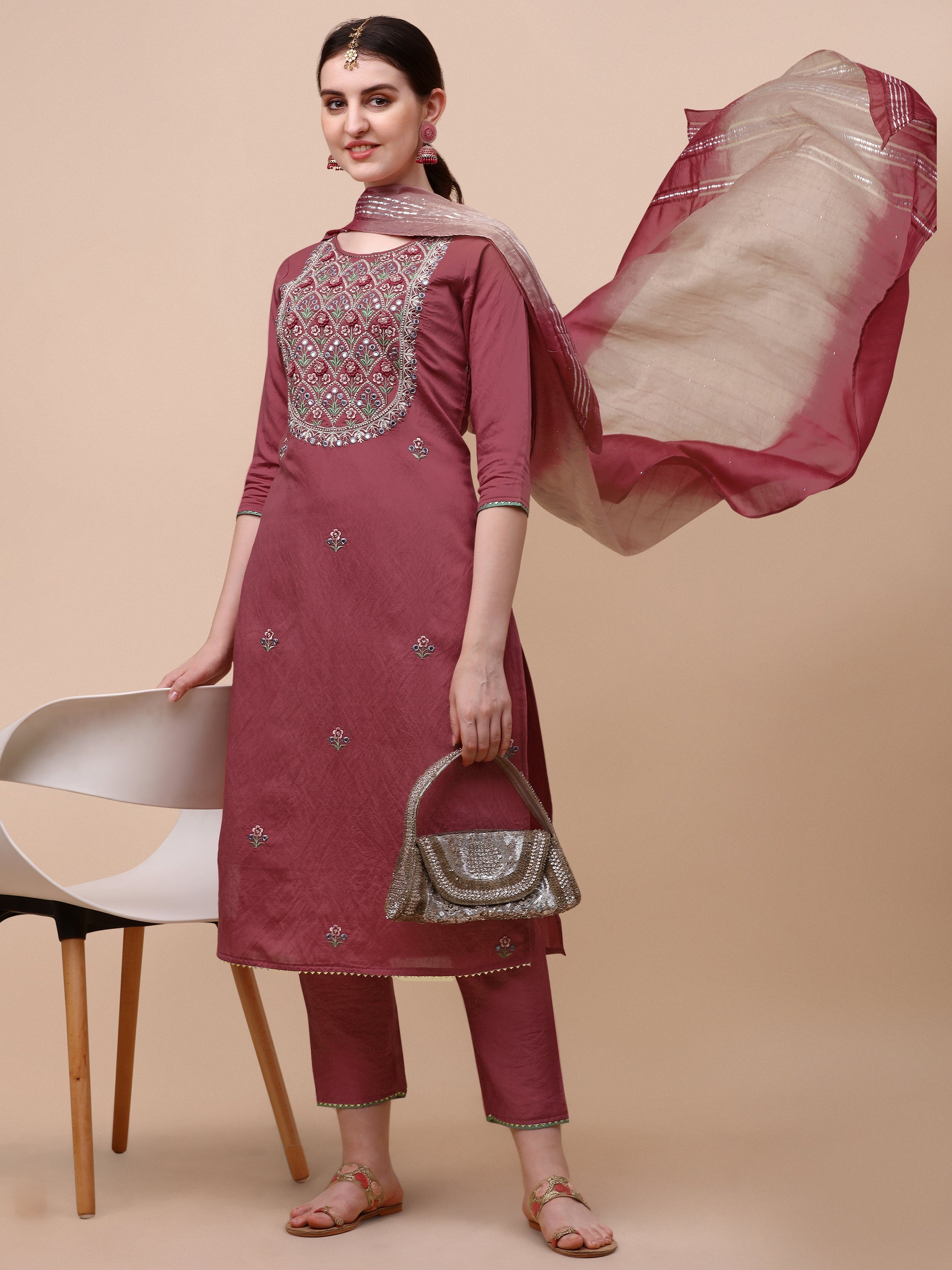 Hand Embroidered Pink Chanderi Kurta With Pant & Dupatta Set Premium, Multicolor - Hiral Fashion - Distacart