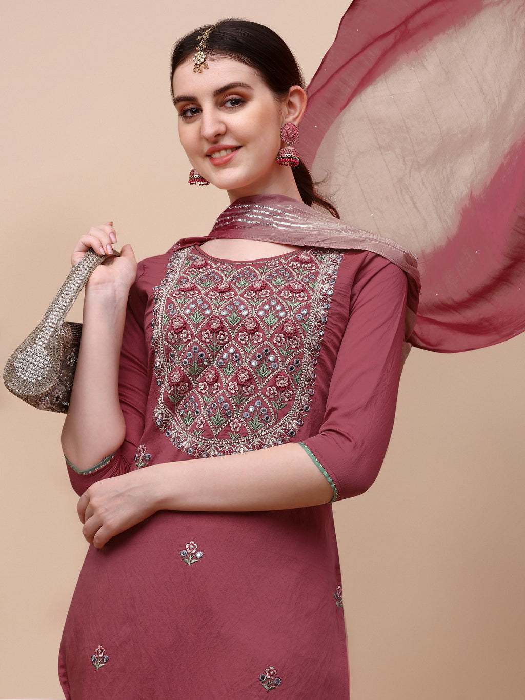 Hand Embroidered Pink Chanderi Kurta With Pant & Dupatta Set Premium, Multicolor - Hiral Fashion - Distacart