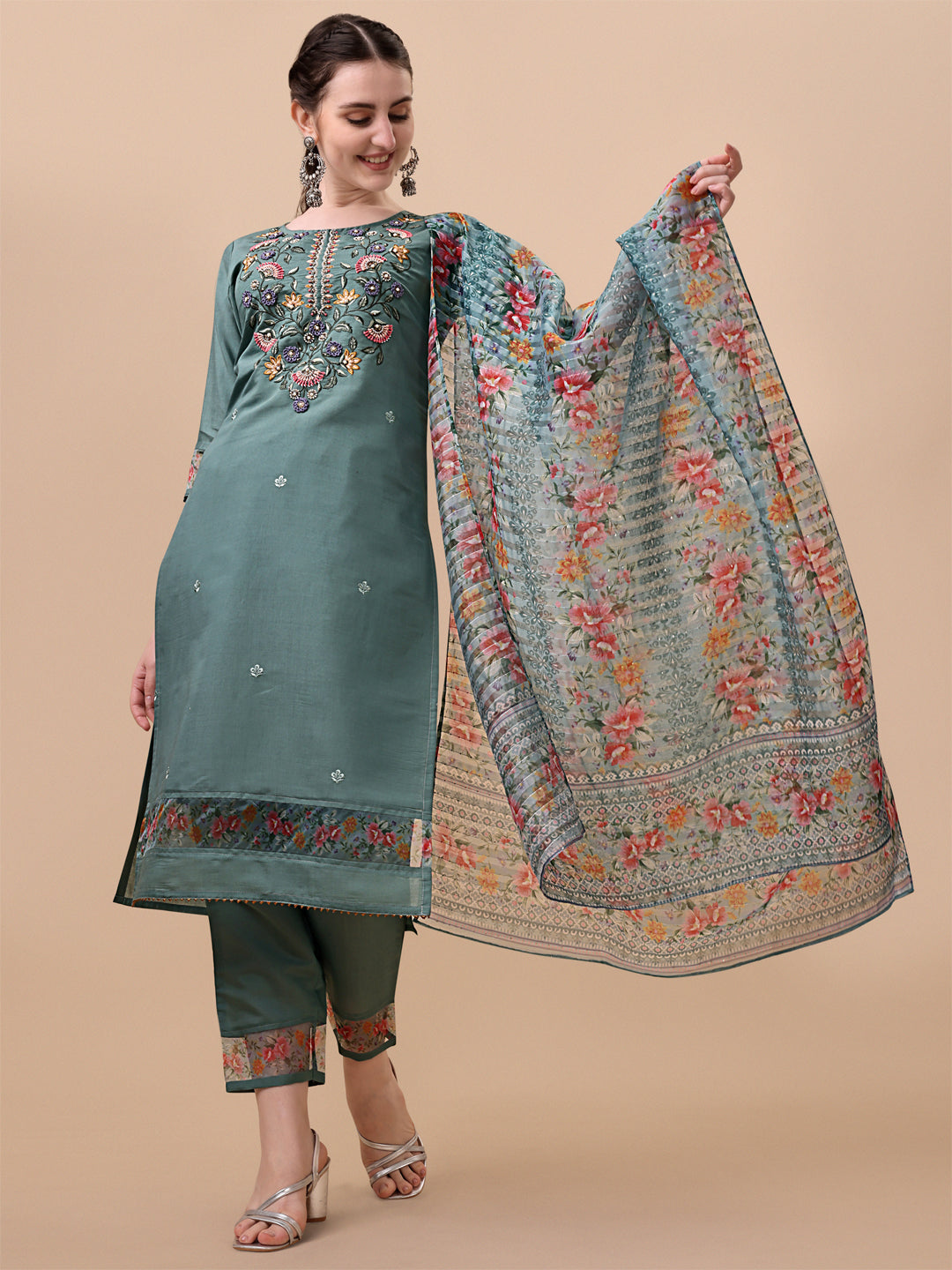 Embroidered Kurta With Pant And Printed Dupatta Set, Multicolor - Hiral Fashion - Distacart