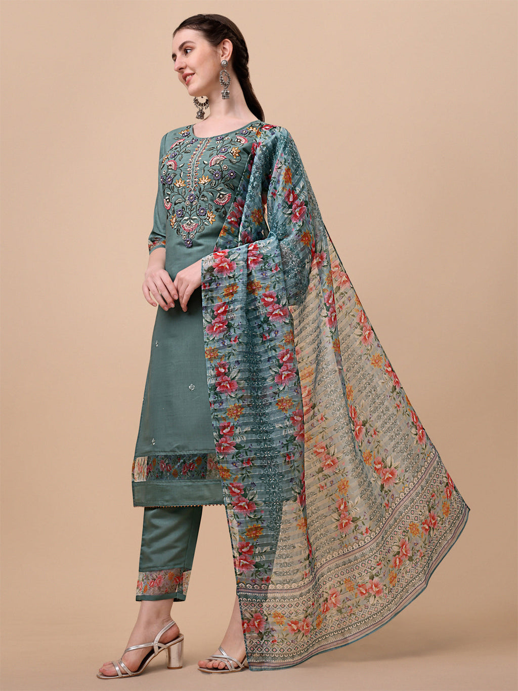 Embroidered Kurta With Pant And Printed Dupatta Set, Multicolor - Hiral Fashion - Distacart