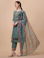 Embroidered Kurta With Pant And Printed Dupatta Set, Multicolor - Hiral Fashion - Distacart