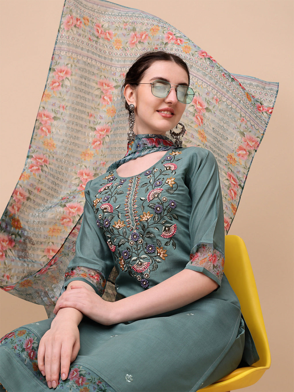 Embroidered Kurta With Pant And Printed Dupatta Set, Multicolor - Hiral Fashion - Distacart