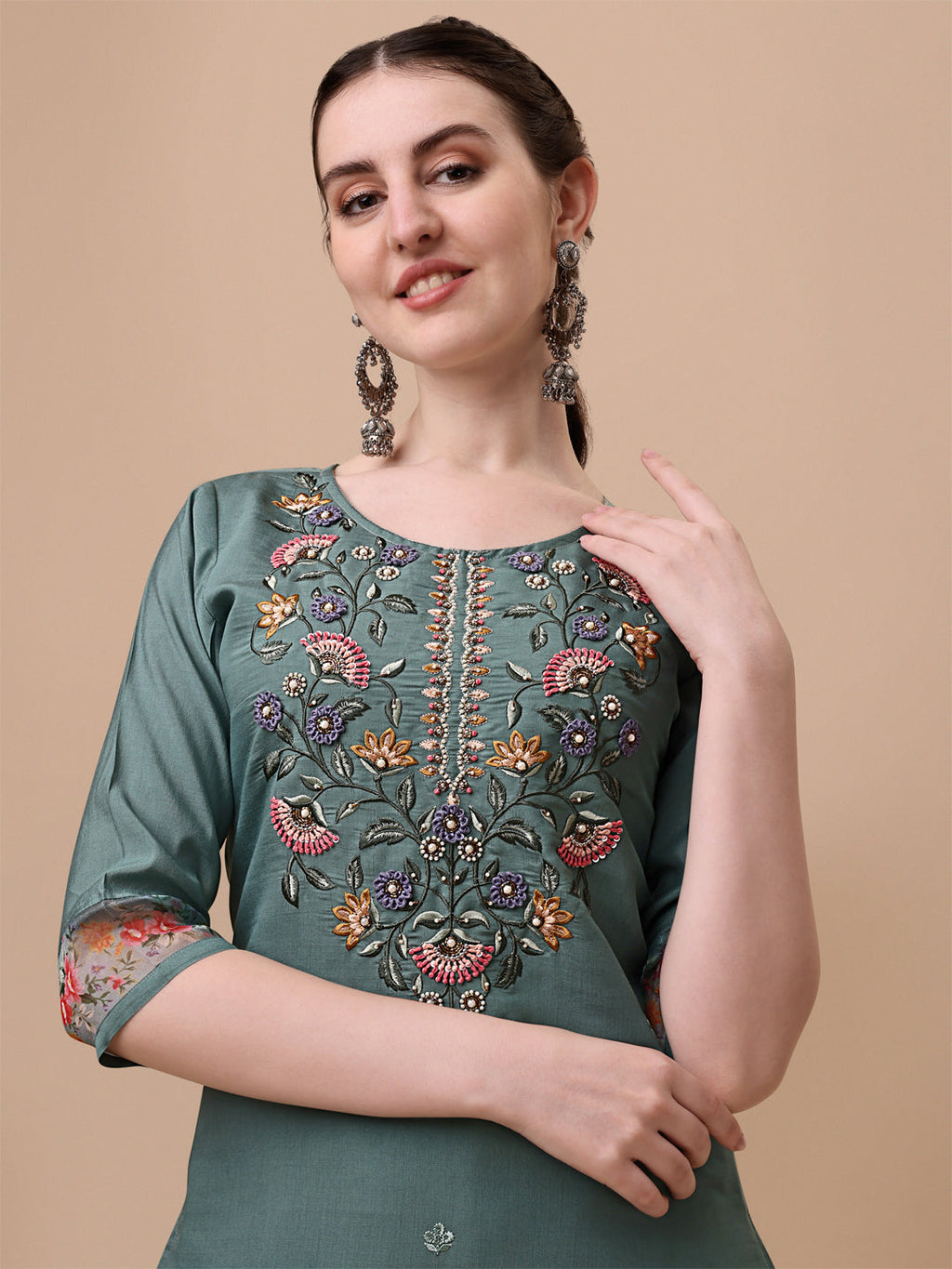 Embroidered Kurta With Pant And Printed Dupatta Set, Multicolor - Hiral Fashion - Distacart