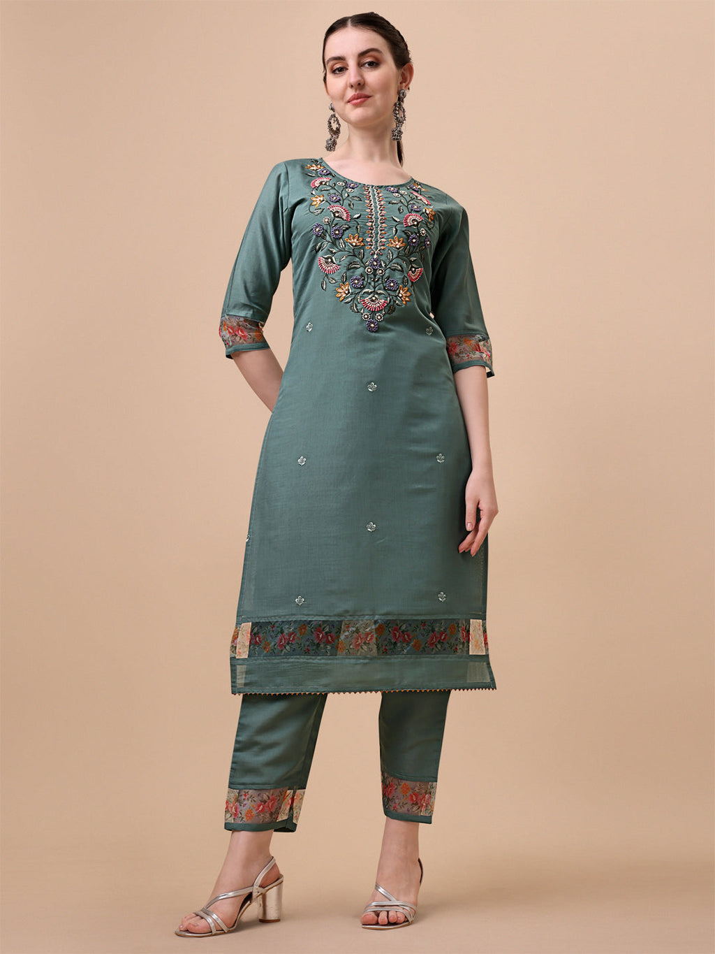 Embroidered Kurta With Pant And Printed Dupatta Set, Multicolor - Hiral Fashion - Distacart