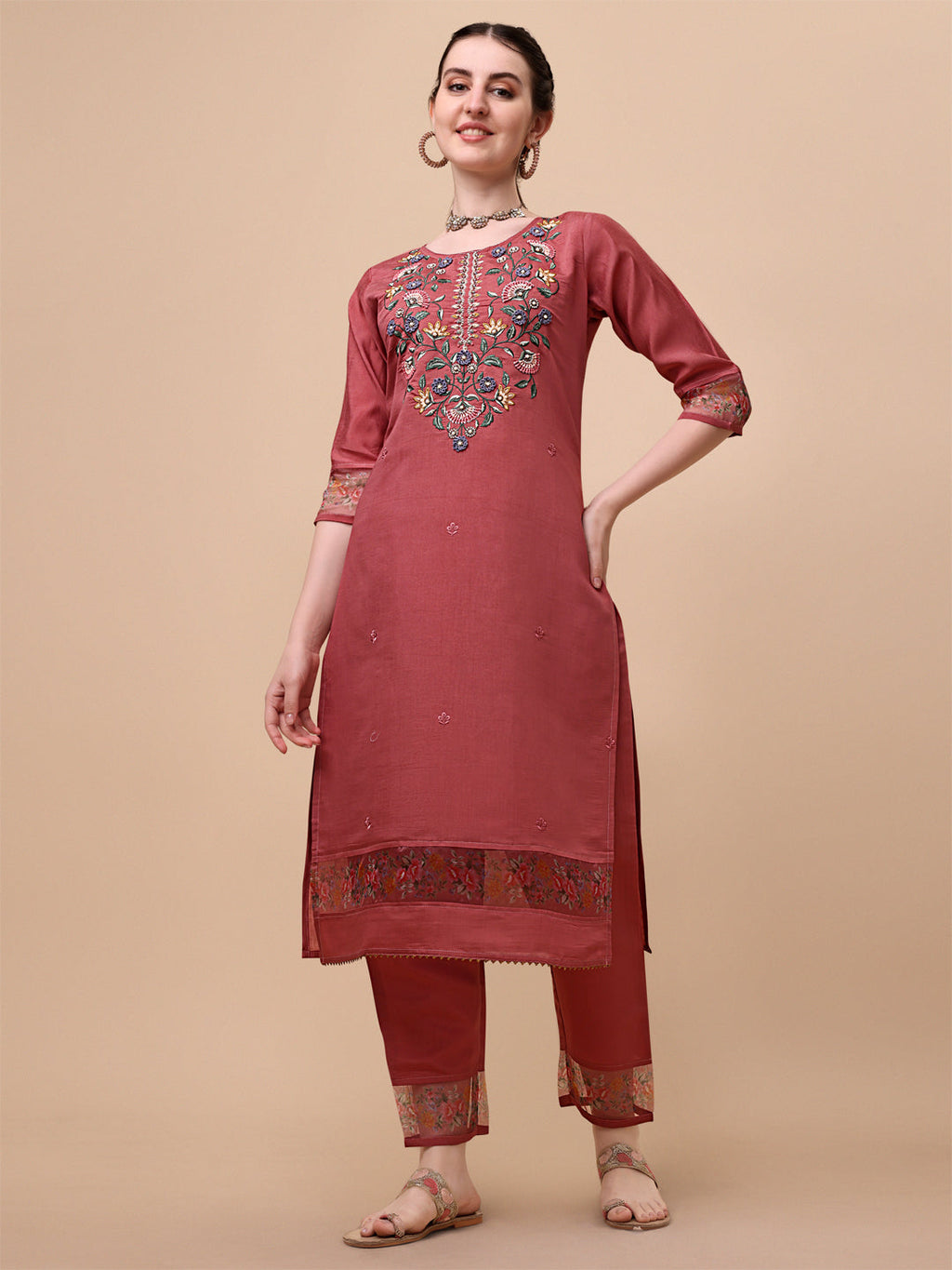 Embroidered Kurta With Pant & Printed Dupatta Set, Multicolor - Hiral Fashion - Distacart