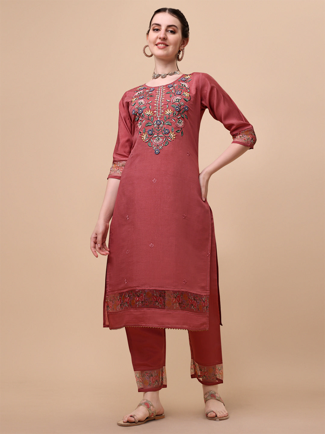 Embroidered Kurta With Pant & Printed Dupatta Set, Multicolor - Hiral Fashion - Distacart