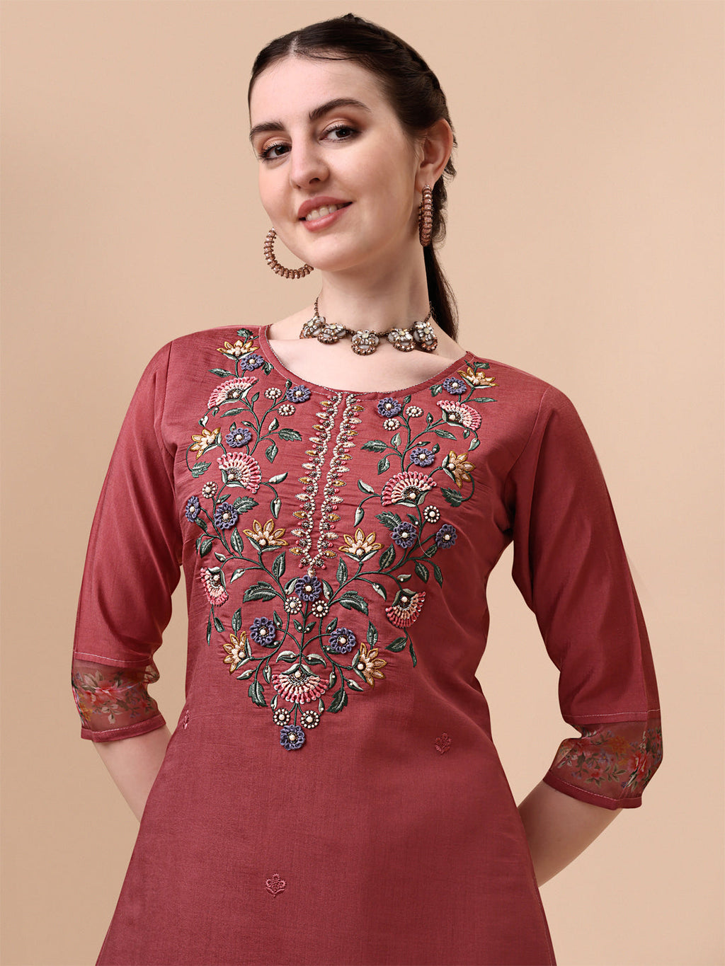 Embroidered Kurta With Pant & Printed Dupatta Set, Multicolor - Hiral Fashion - Distacart