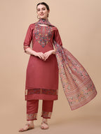 Embroidered Kurta With Pant & Printed Dupatta Set, Multicolor - Hiral Fashion - Distacart