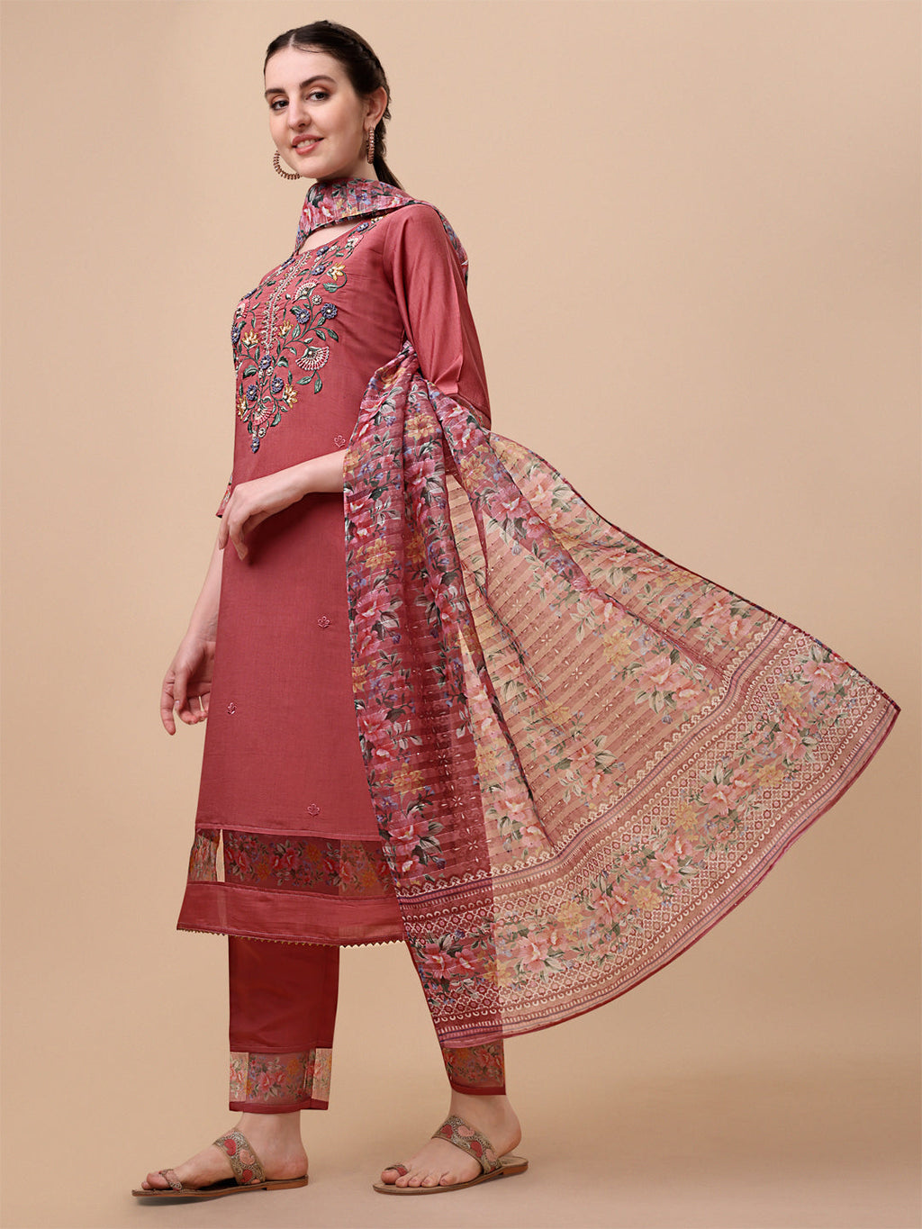 Embroidered Kurta With Pant & Printed Dupatta Set, Multicolor - Hiral Fashion - Distacart