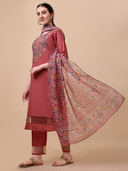 Embroidered Kurta With Pant & Printed Dupatta Set, Multicolor - Hiral Fashion - Distacart