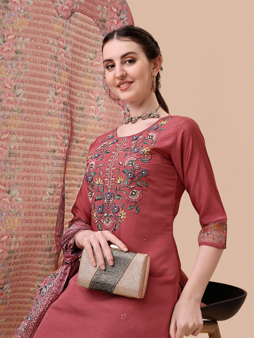 Embroidered Kurta With Pant & Printed Dupatta Set, Multicolor - Hiral Fashion - Distacart