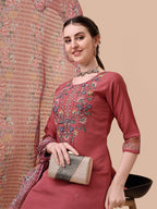 Embroidered Kurta With Pant & Printed Dupatta Set, Multicolor - Hiral Fashion - Distacart