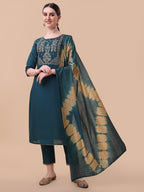 Embroidered Kurta With Pant& Dupatta Set, Multicolor - Hiral Fashion - Distacart
