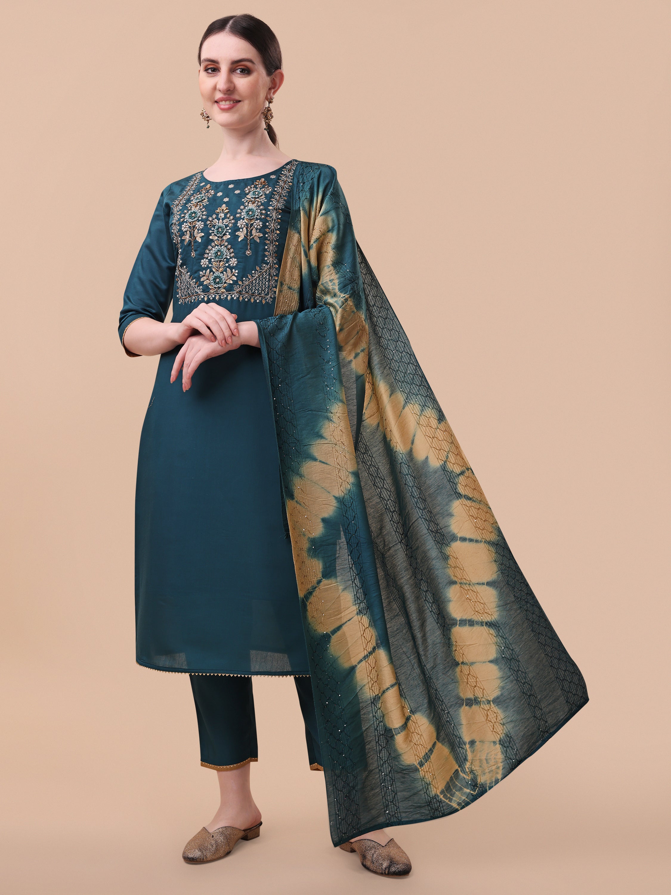 Embroidered Kurta With Pant& Dupatta Set, Multicolor - Hiral Fashion - Distacart