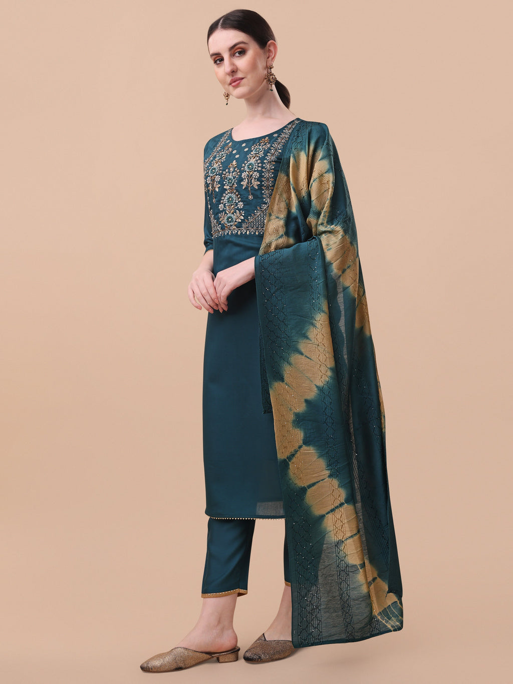Embroidered Kurta With Pant& Dupatta Set, Multicolor - Hiral Fashion - Distacart