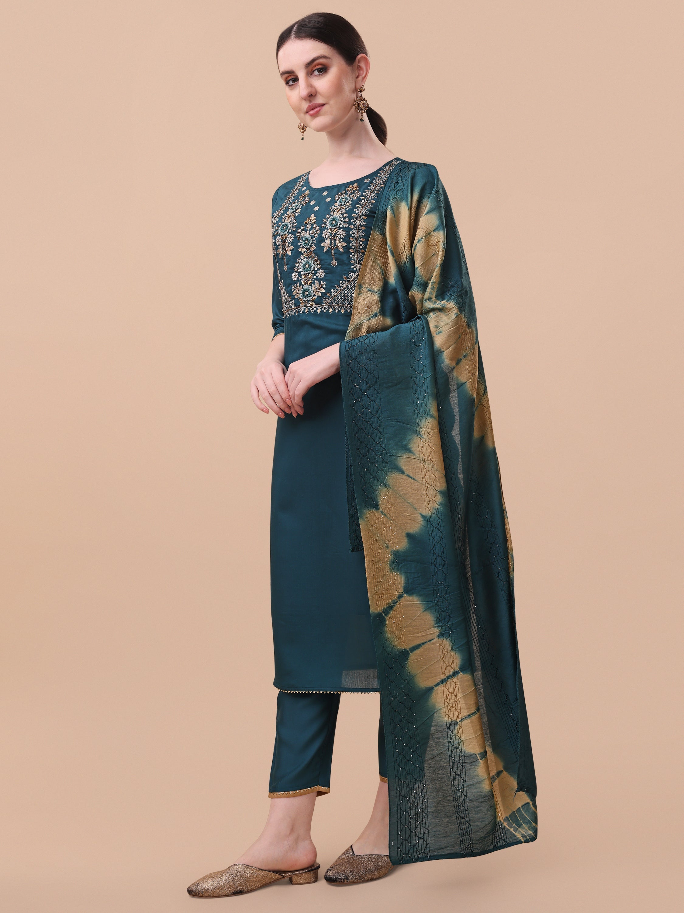 Embroidered Kurta With Pant& Dupatta Set, Multicolor - Hiral Fashion - Distacart