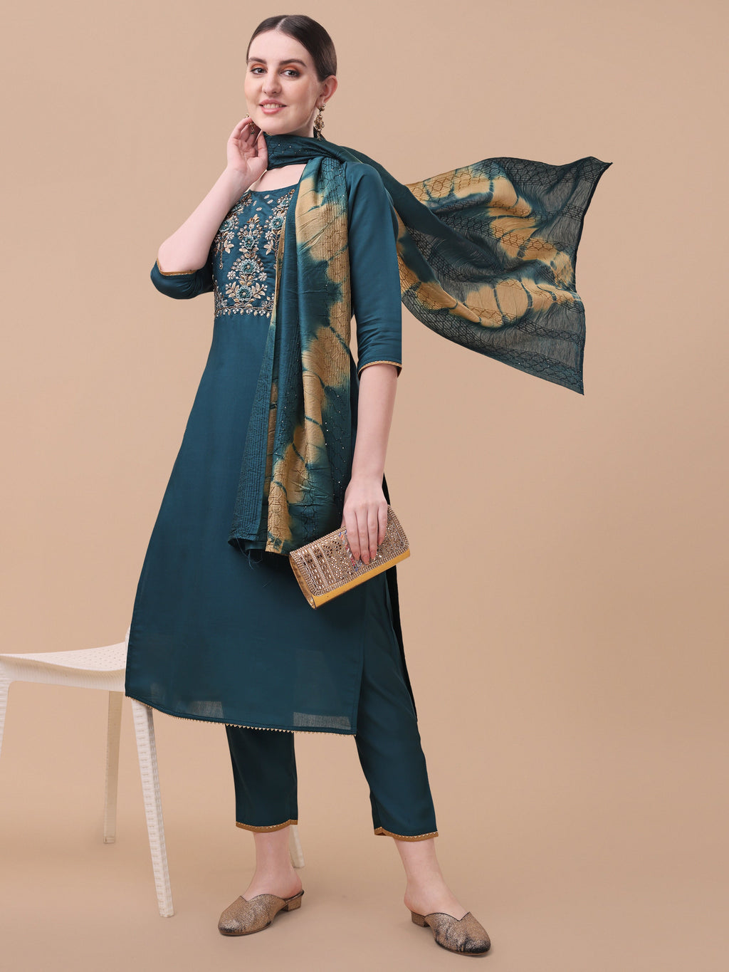 Embroidered Kurta With Pant& Dupatta Set, Multicolor - Hiral Fashion - Distacart
