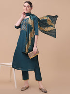 Embroidered Kurta With Pant& Dupatta Set, Multicolor - Hiral Fashion - Distacart