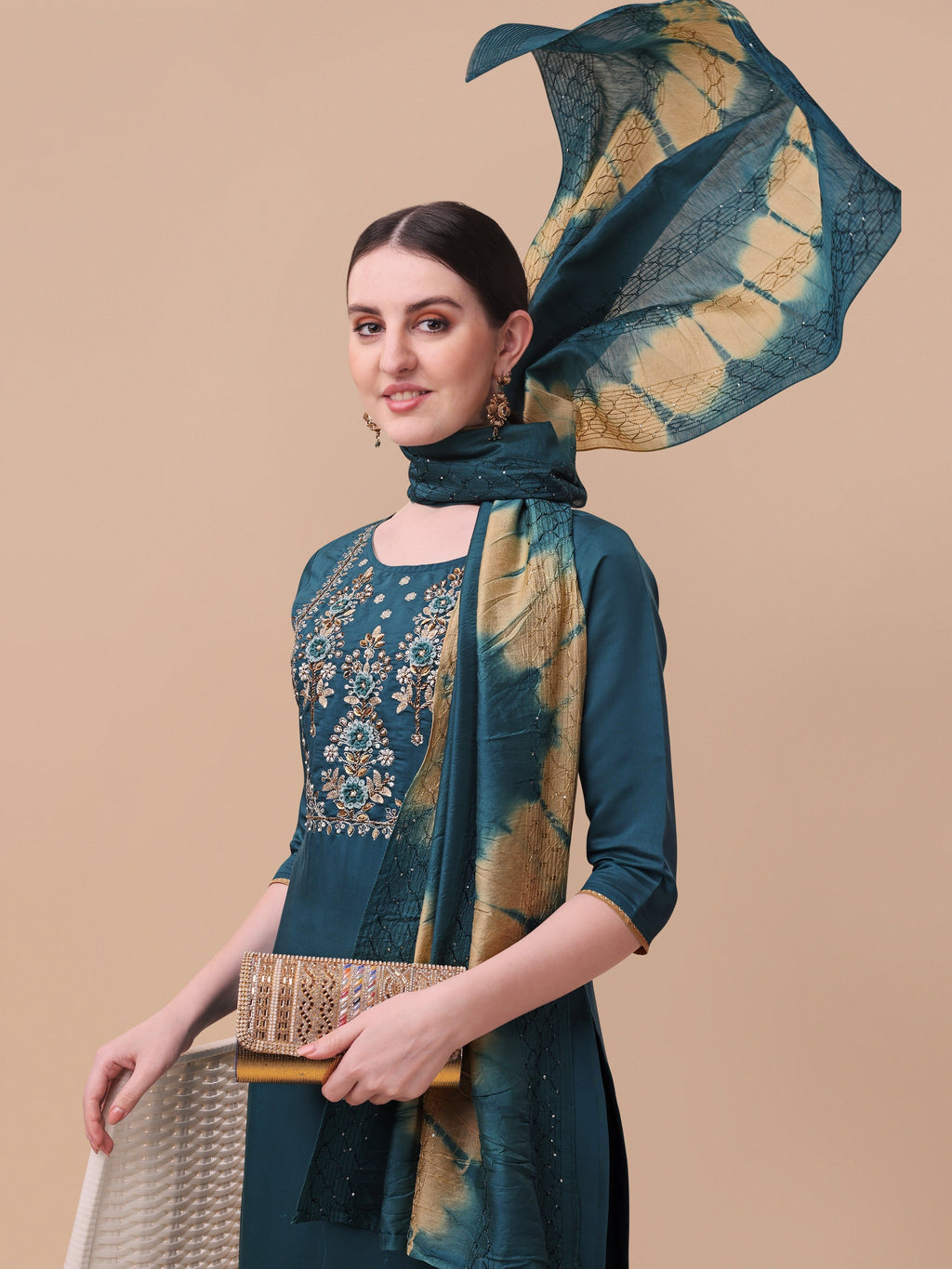 Embroidered Kurta With Pant& Dupatta Set, Multicolor - Hiral Fashion - Distacart