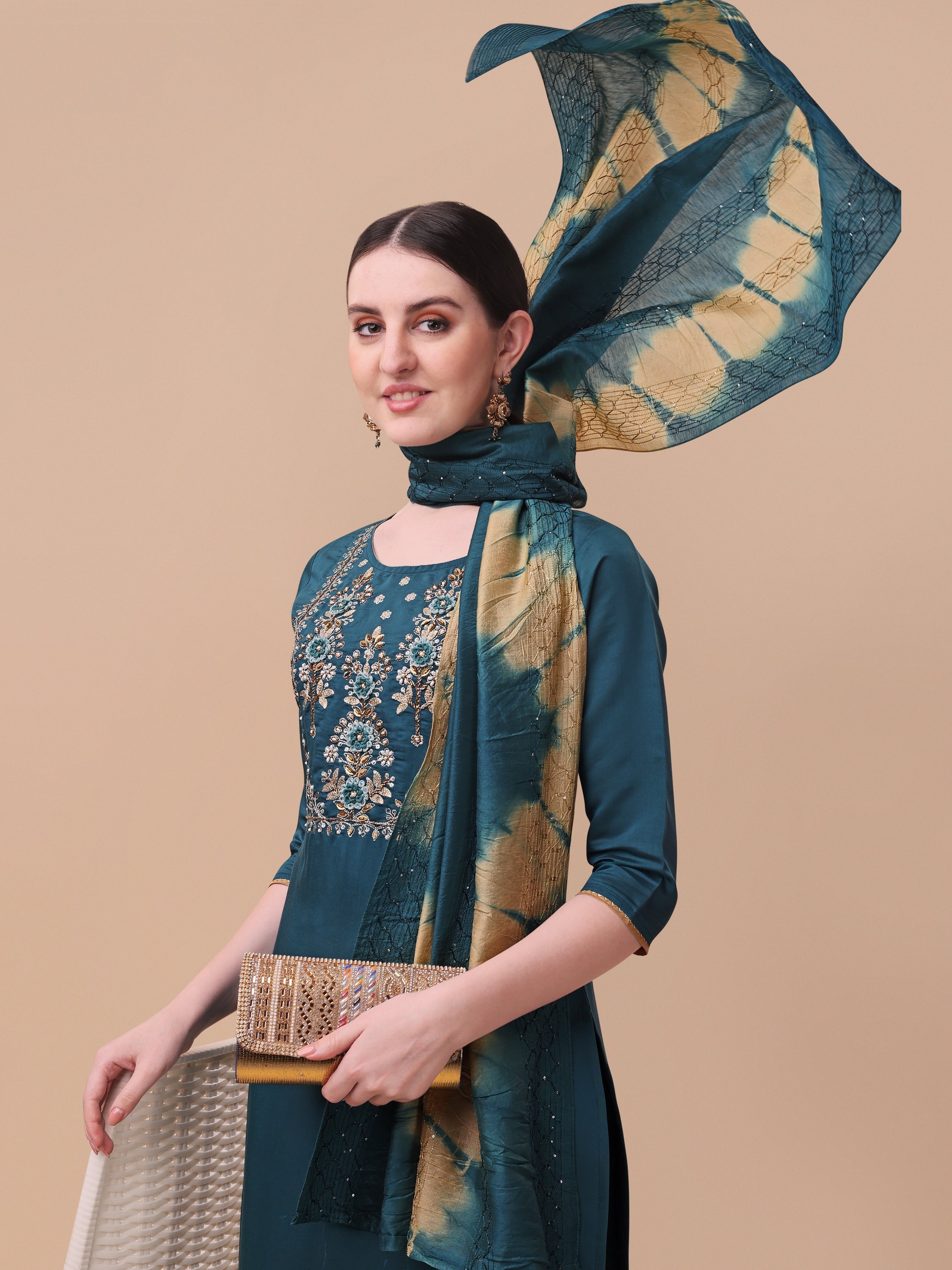 Embroidered Kurta With Pant& Dupatta Set, Multicolor - Hiral Fashion - Distacart