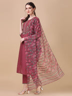 Embroidered Kurta With Pant & Printed Dupatta Set, Multicolor - Hiral Fashion