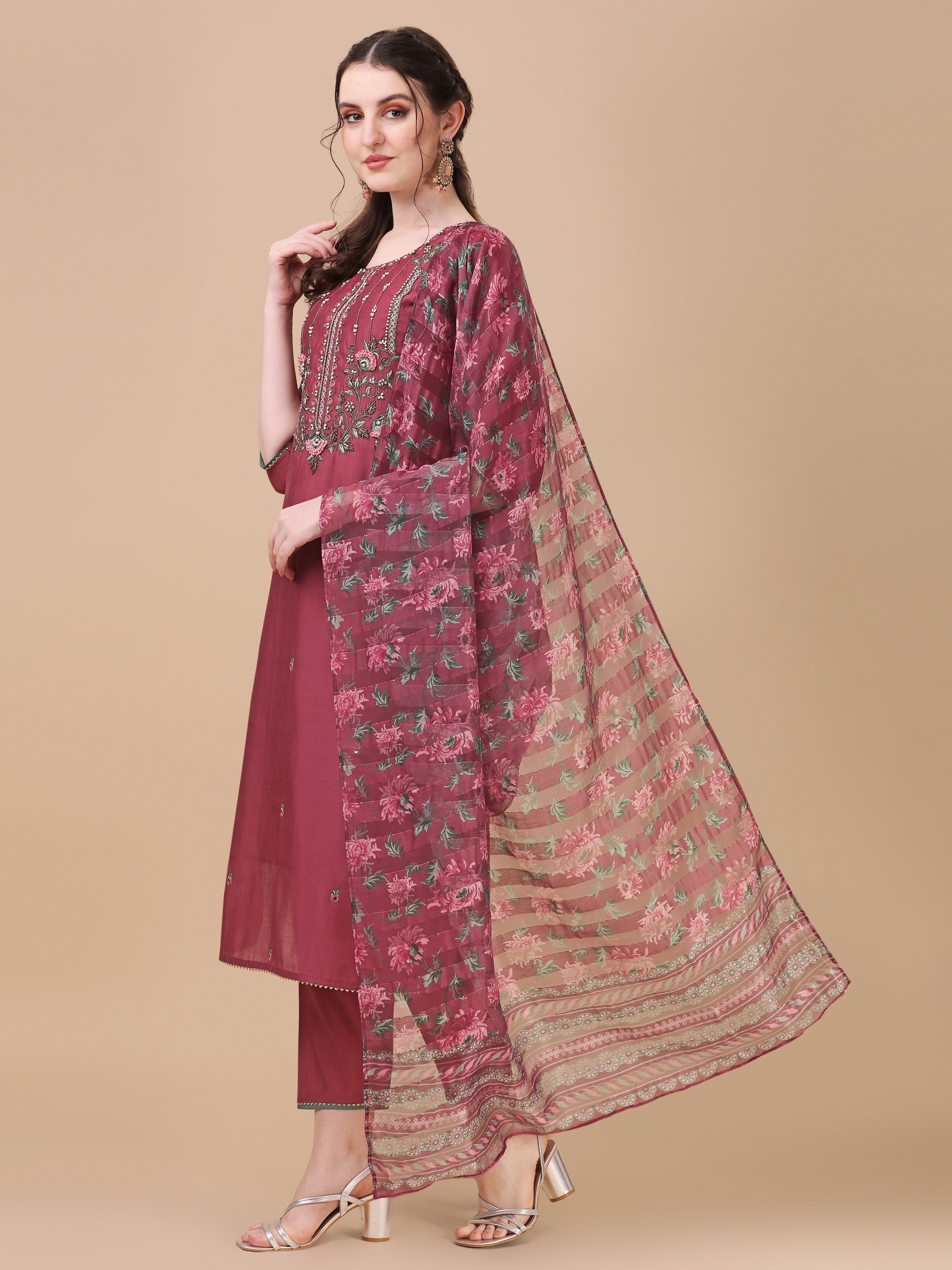 Embroidered Kurta With Pant & Printed Dupatta Set, Multicolor - Hiral Fashion