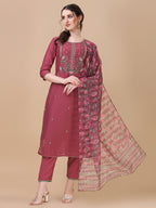 Embroidered Kurta With Pant & Printed Dupatta Set, Multicolor - Hiral Fashion