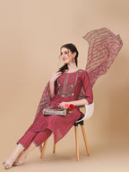 Embroidered Kurta With Pant & Printed Dupatta Set, Multicolor - Hiral Fashion