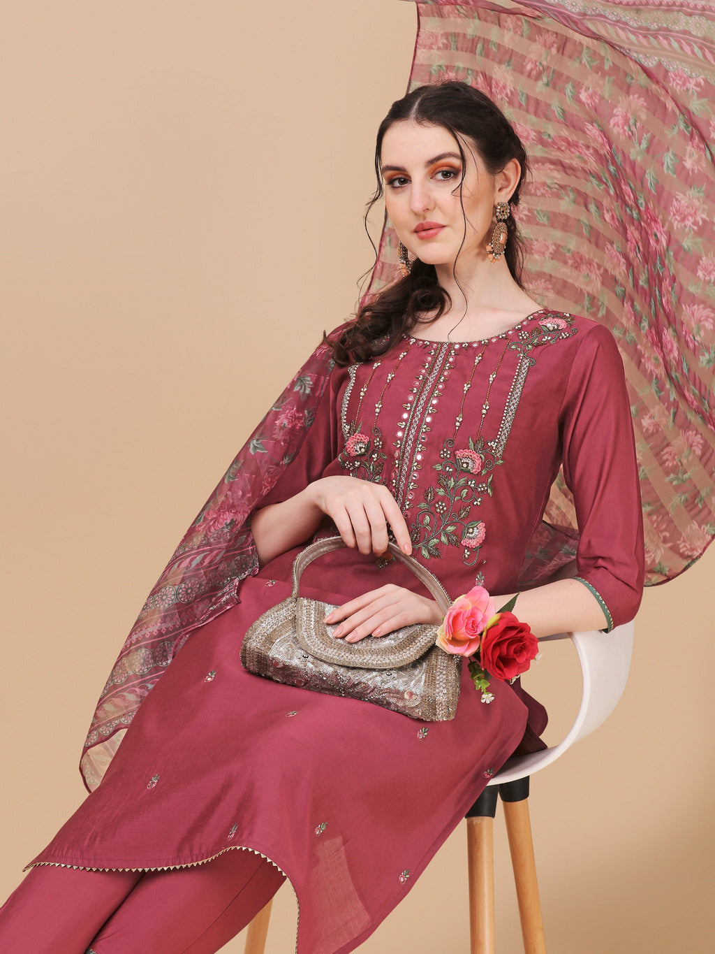 Embroidered Kurta With Pant & Printed Dupatta Set, Multicolor - Hiral Fashion