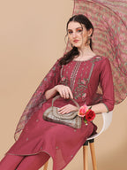 Embroidered Kurta With Pant & Printed Dupatta Set, Multicolor - Hiral Fashion