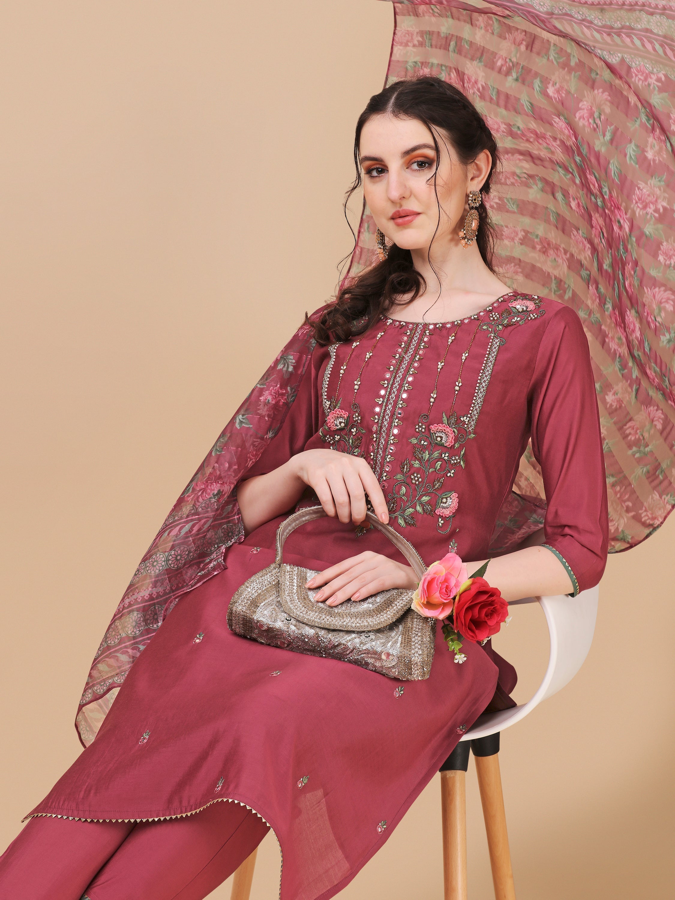 Embroidered Kurta With Pant & Printed Dupatta Set, Multicolor - Hiral Fashion