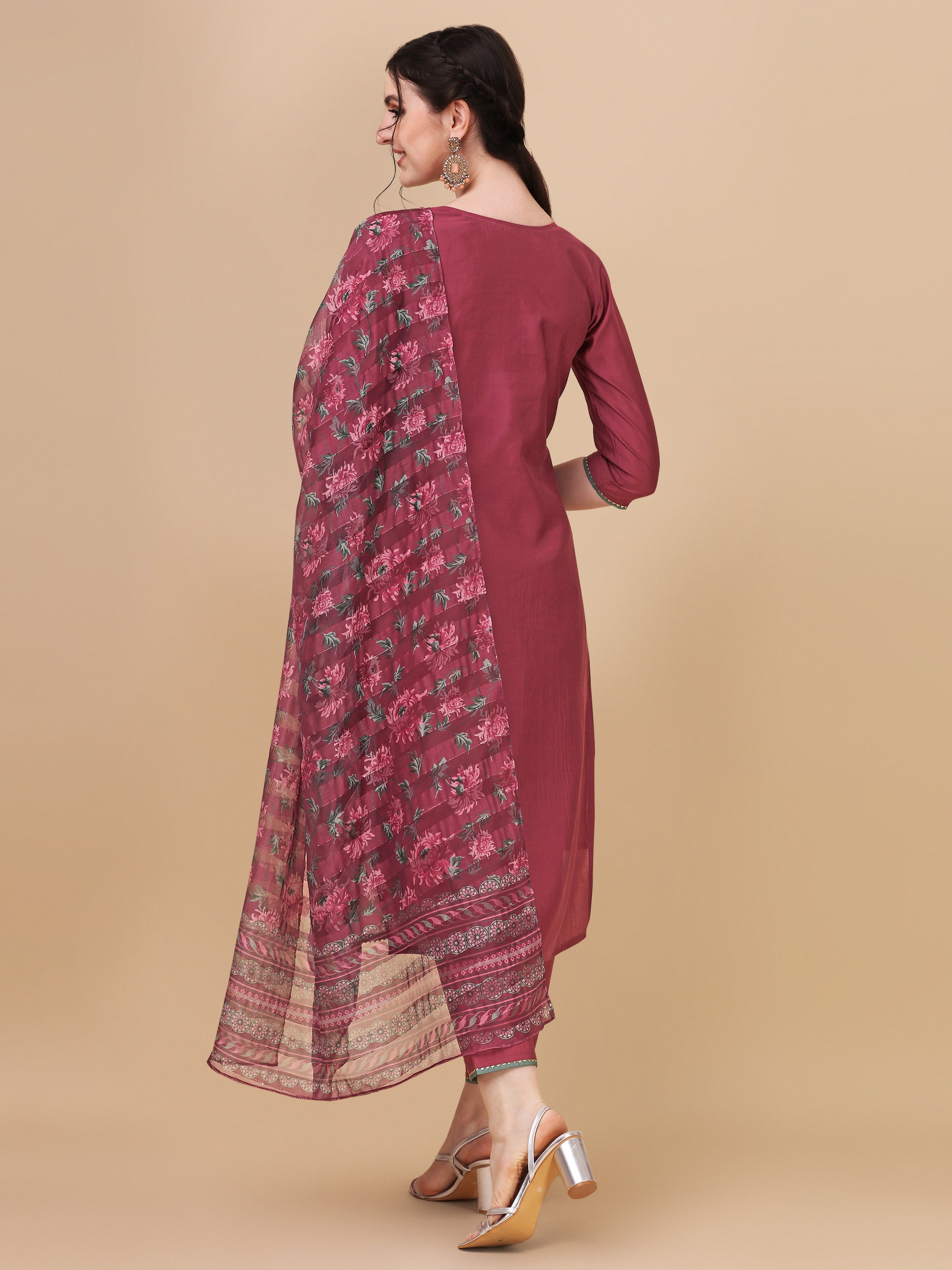 Embroidered Kurta With Pant & Printed Dupatta Set, Multicolor - Hiral Fashion