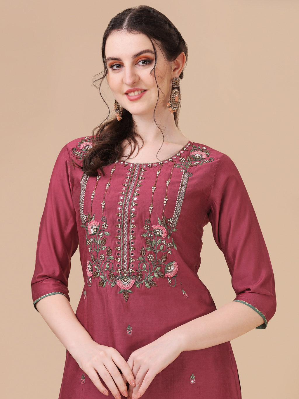 Embroidered Kurta With Pant & Printed Dupatta Set, Multicolor - Hiral Fashion